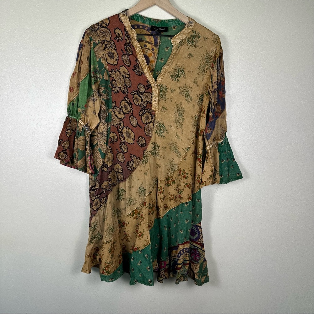 YOUNG THREADS Boho Flowy Hippie Patchwork Overdyed Large Babydoll Mini Dress‎